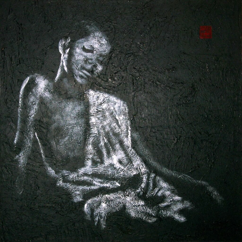 Peinture - Fabien Raveton - (2003) Jeune bonze assis 100x100