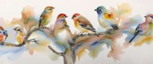 aquarelle chants des oiseaux rouge gorge mesange moineau pivert chardonneret tourterelles merles