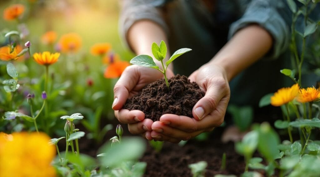 a person holding a small plant with soil