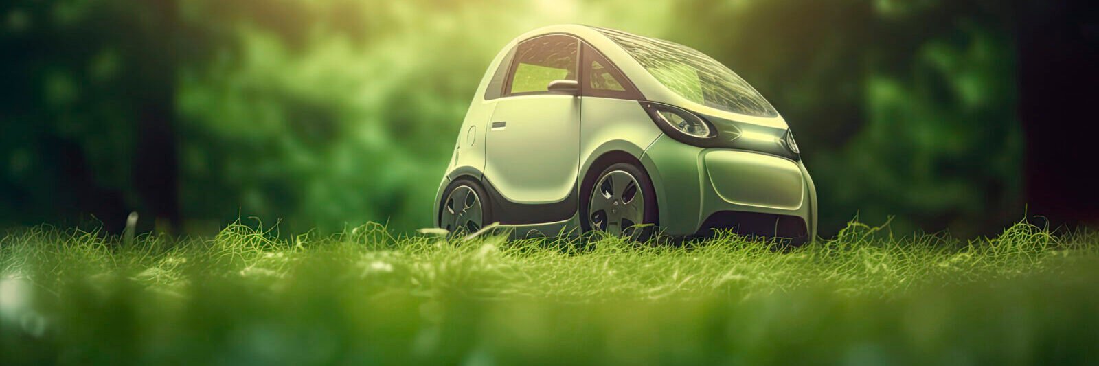 electric car with green leaf icon on blur grass background, ecol