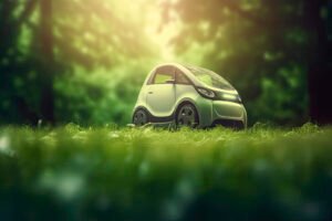 electric car with green leaf icon on blur grass background, ecol