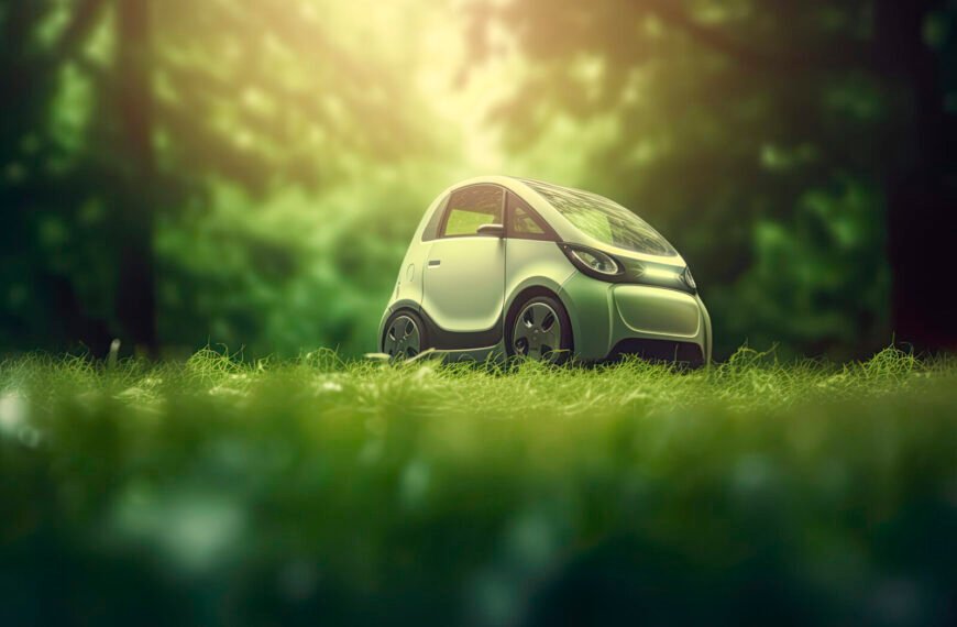 electric car with green leaf icon on blur grass background, ecol